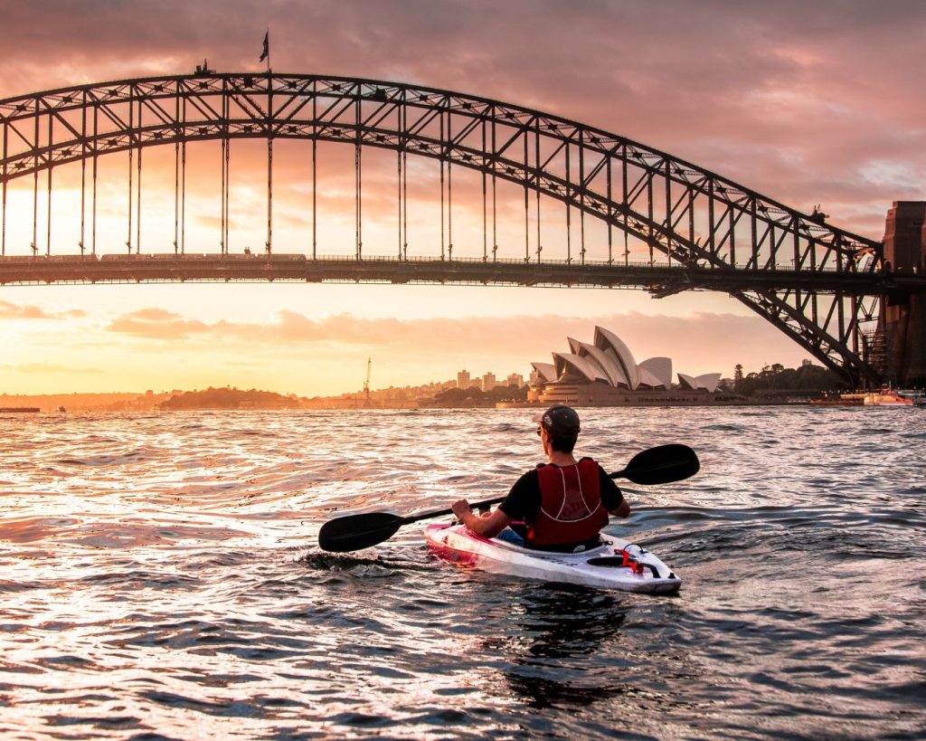 Kayaking sunset under SYdney Harbour Bridge